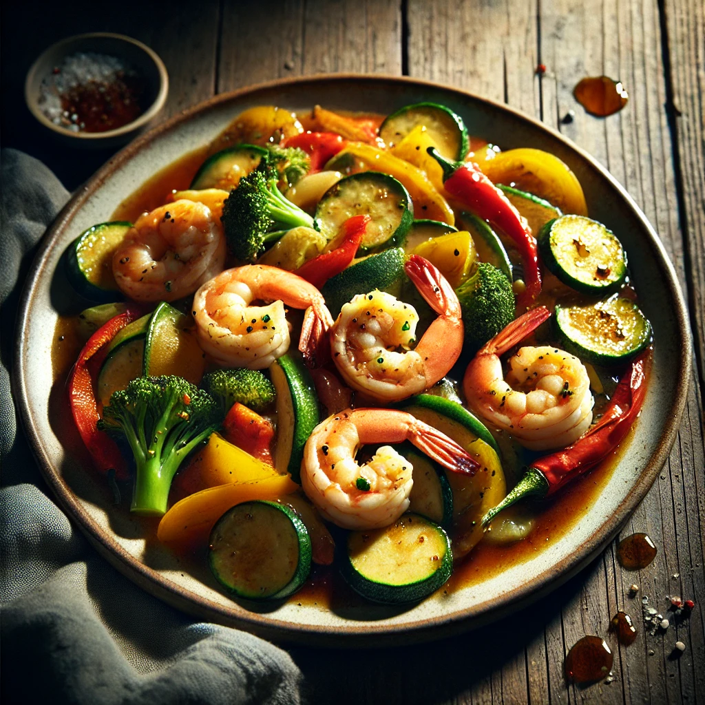 Garlic butter shrimp stir fry in skillet with sesame and broccoli keto-style