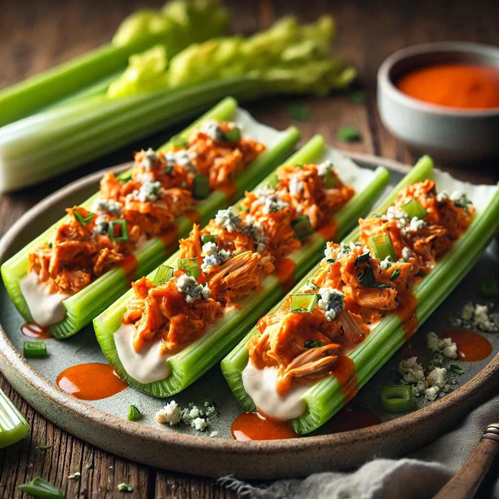 Buffalo Chicken Celery Boats with Creamy Heat