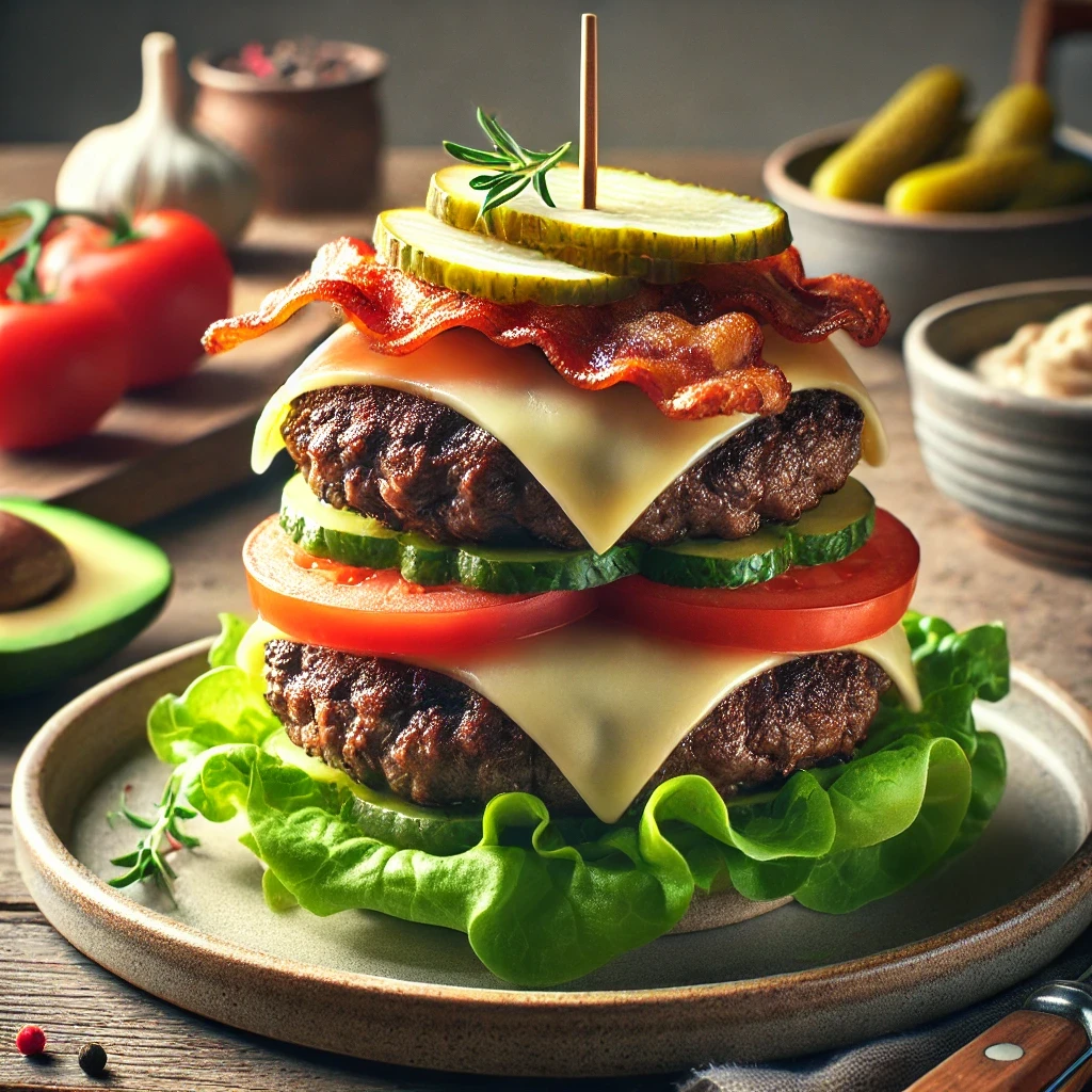 Stacked keto burger with no bun, high protein and full flavor