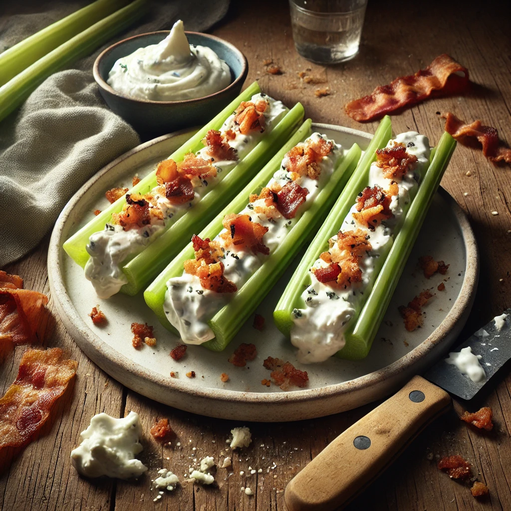 Crunchy keto celery logs filled with whipped cream cheese and crispy bacon bits