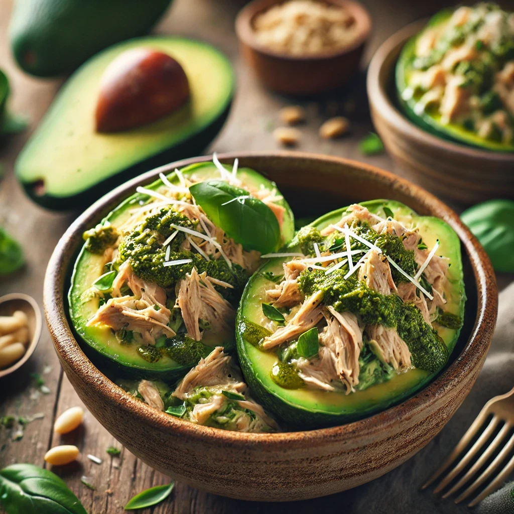 Creamy keto pesto chicken avocado bowl with vibrant green pesto drizzled over tender chicken chunks