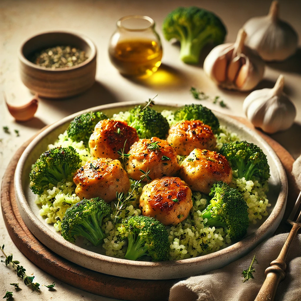 Keto Garlic Butter Chicken Bites over Broccoli Rice