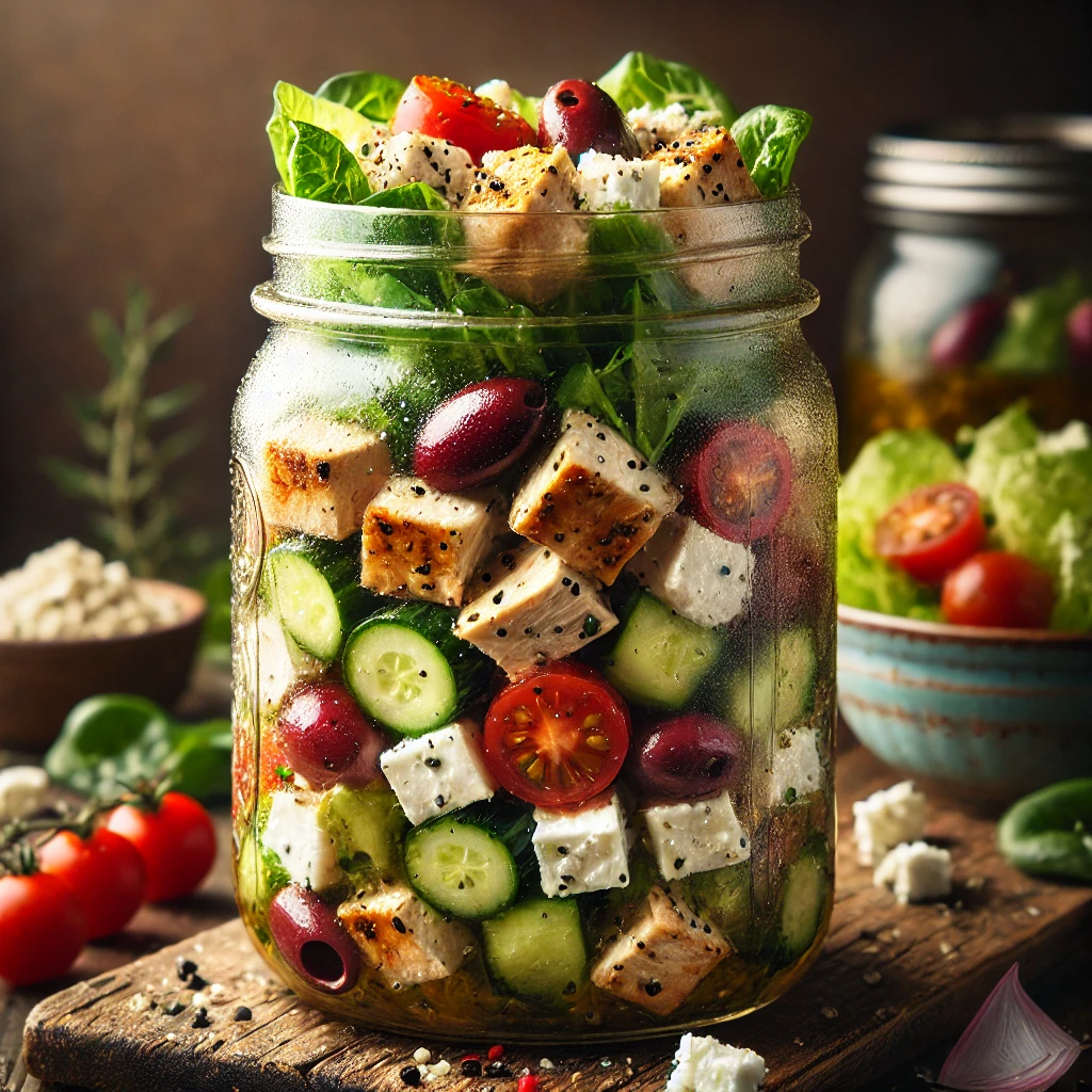 Keto Grilled Chicken Greek Salad Jars—fresh, crisp, and creamy in every bite.