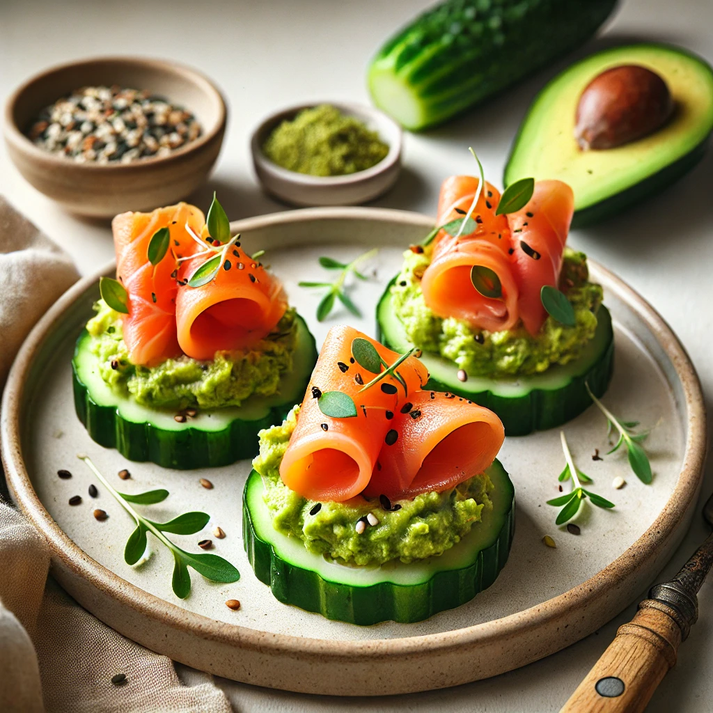 Smoked Salmon Avocado Toast on Cucumber Slices