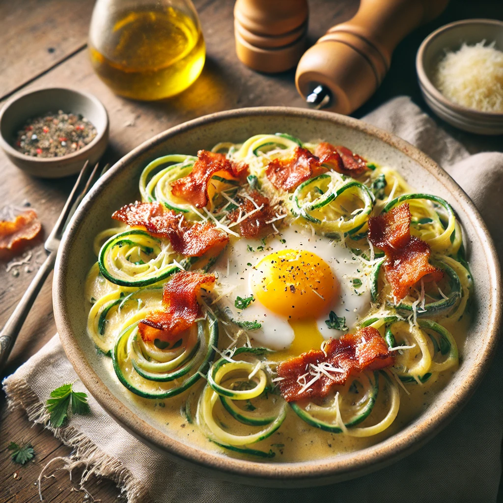 Keto Zoodle Carbonara with Crispy Pancetta