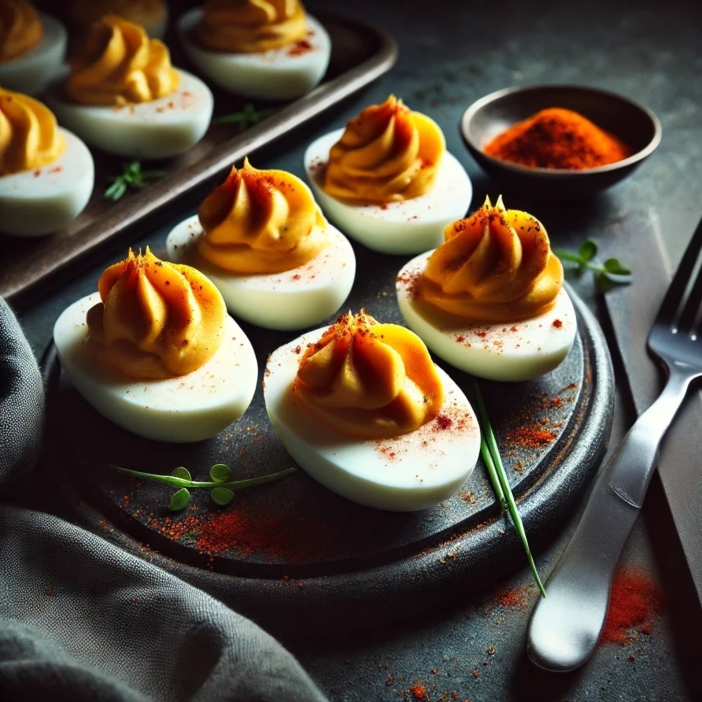Creamy keto deviled eggs with smoked paprika and crispy pork rind topping