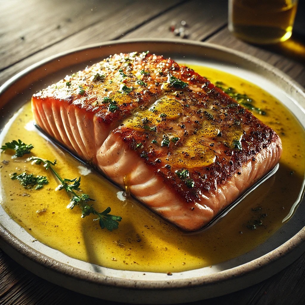 Crispy-skin pan-seared keto salmon fillet drizzled with garlic butter