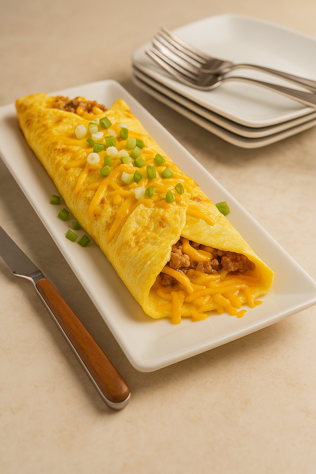 Keto Sausage and Cheddar Omelet in a skillet, golden and cheesy with fresh green onions