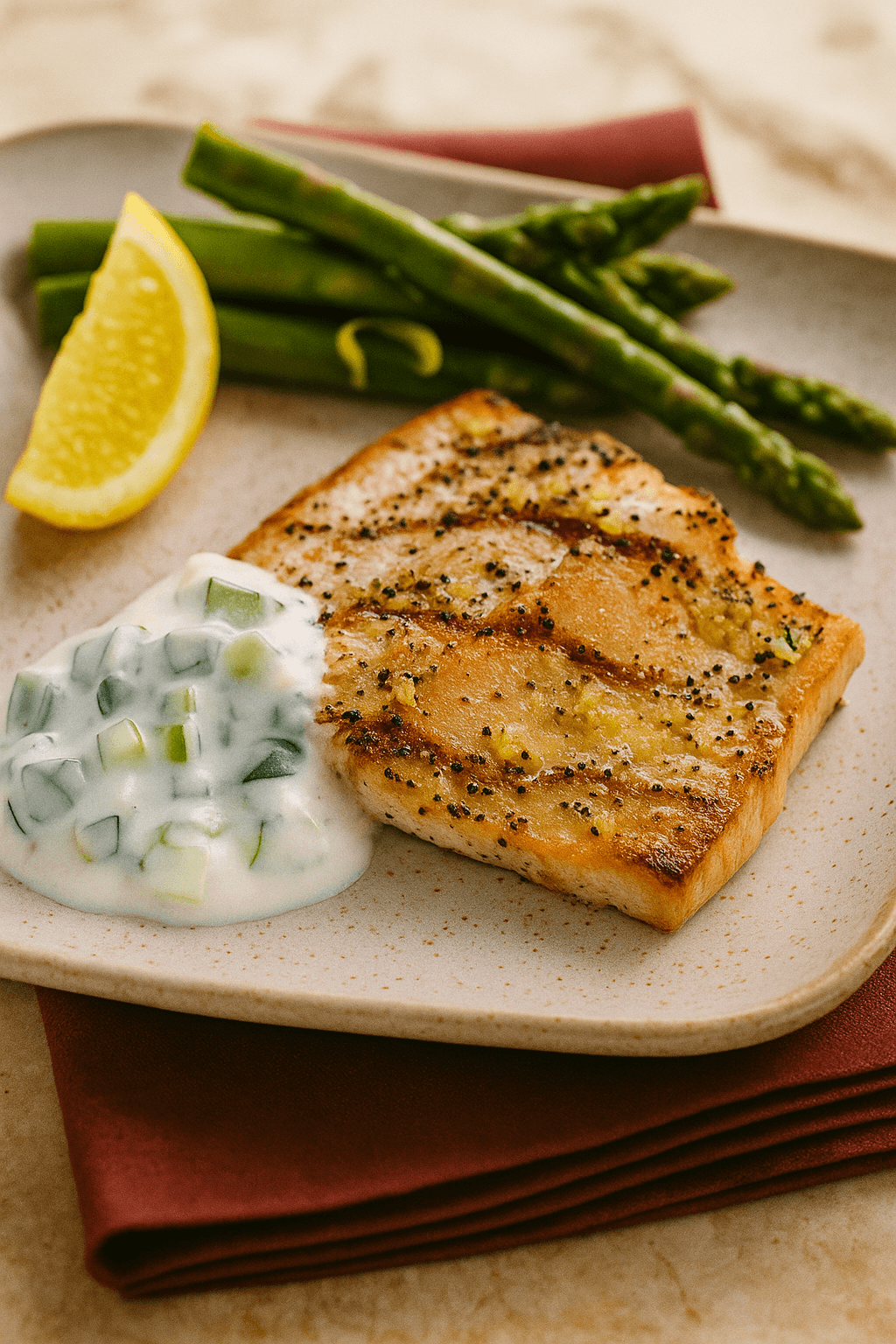 Keto Lemon Garlic Salmon with Tzatziki Sauce served fresh with herbs and cucumber