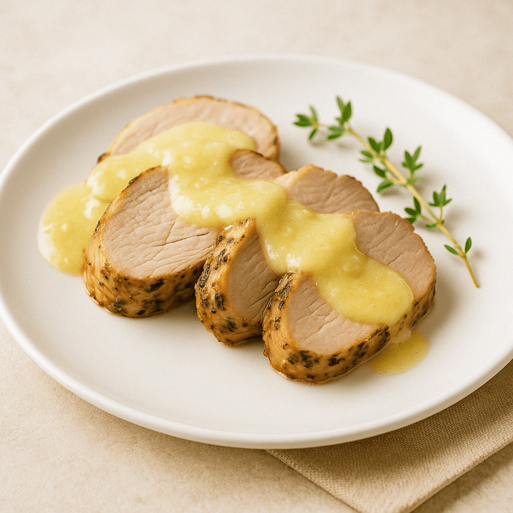 Herb-rubbed keto pork tenderloin with creamy mustard sauce in a skillet